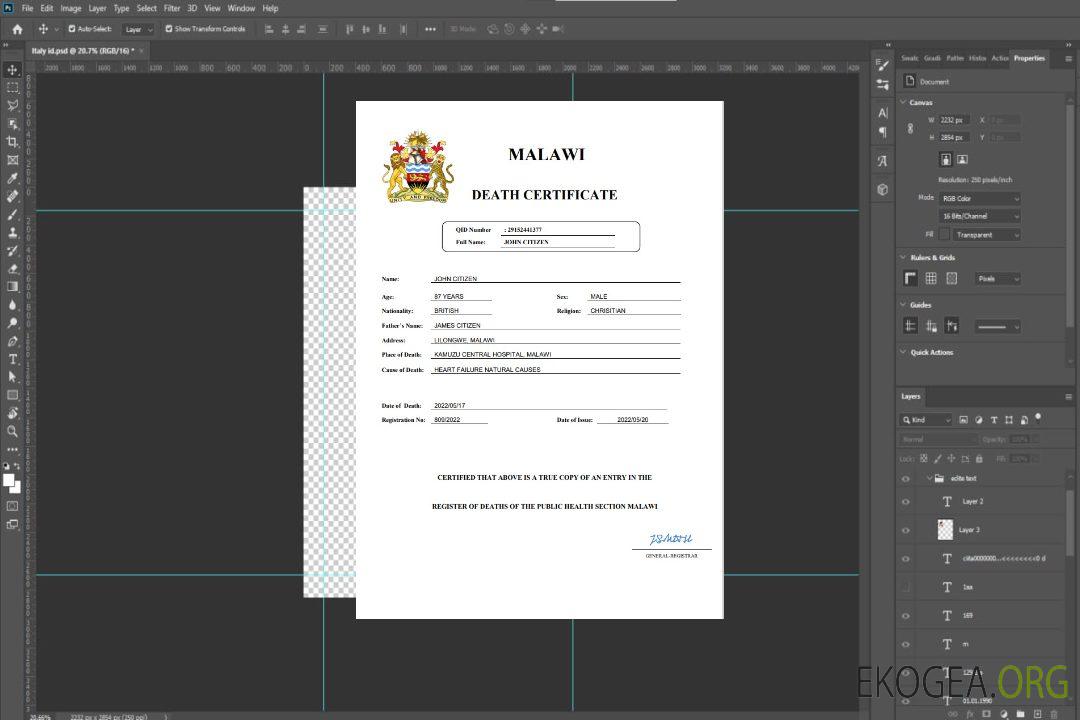 Modèle Word et PDF de certificat de décès de l'état civil du Malawi template